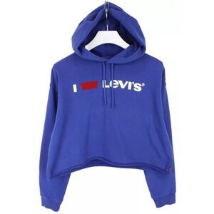 Levis Cropped Hoodie Womens XL Blue Pullover Sweatshirt‎ Logo Cotton Drawstring